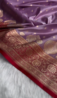 Royal Lavender Satin Silk Saree with Exquisite Golden Zari Weaving