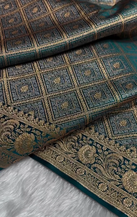 Teal Green Satin Silk Saree with Intricate Golden Zari Check Weaving