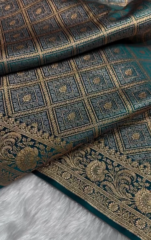 Teal Green Satin Silk Saree with Intricate Golden Zari Check Weaving