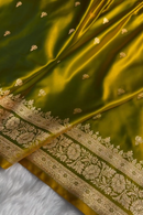 Majestic Olive Green Satin Silk Saree with Elegant Golden Zari Motifs