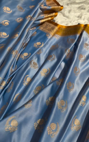 Royal Blue Satin Silk Saree with Exquisite Golden Zari Border and Paisley Weaving