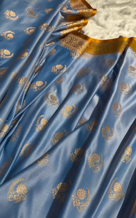 Royal Blue Satin Silk Saree with Exquisite Golden Zari Border and Paisley Weaving