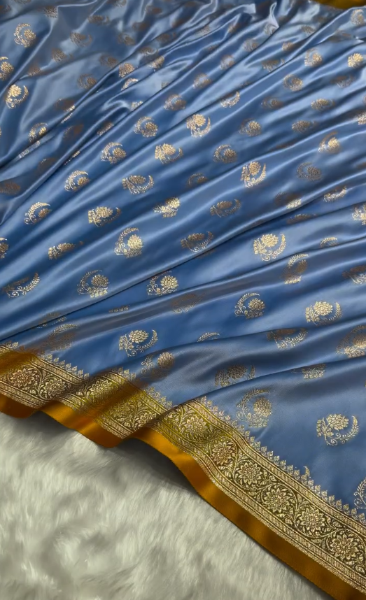 Royal Blue Satin Silk Saree with Exquisite Golden Zari Border and Paisley Weaving