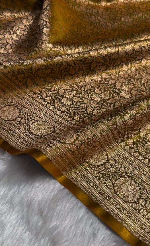 Radiant Golden Satin Silk Saree with All-Over Floral Zari Weaving