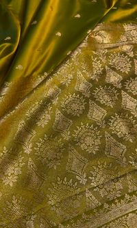 Majestic Olive Green Satin Silk Saree with Elegant Golden Zari Motifs