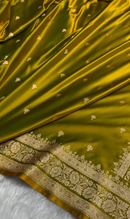 Majestic Olive Green Satin Silk Saree with Elegant Golden Zari Motifs