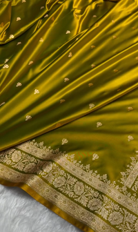 Majestic Olive Green Satin Silk Saree with Elegant Golden Zari Motifs
