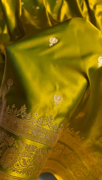 Majestic Olive Green Satin Silk Saree with Elegant Golden Zari Motifs