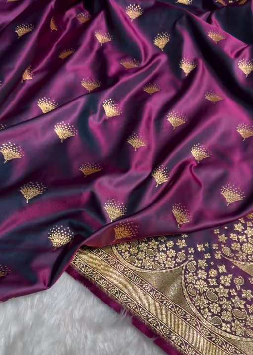 Royal Plum Silk Saree with Gold Zari Paisley Butta