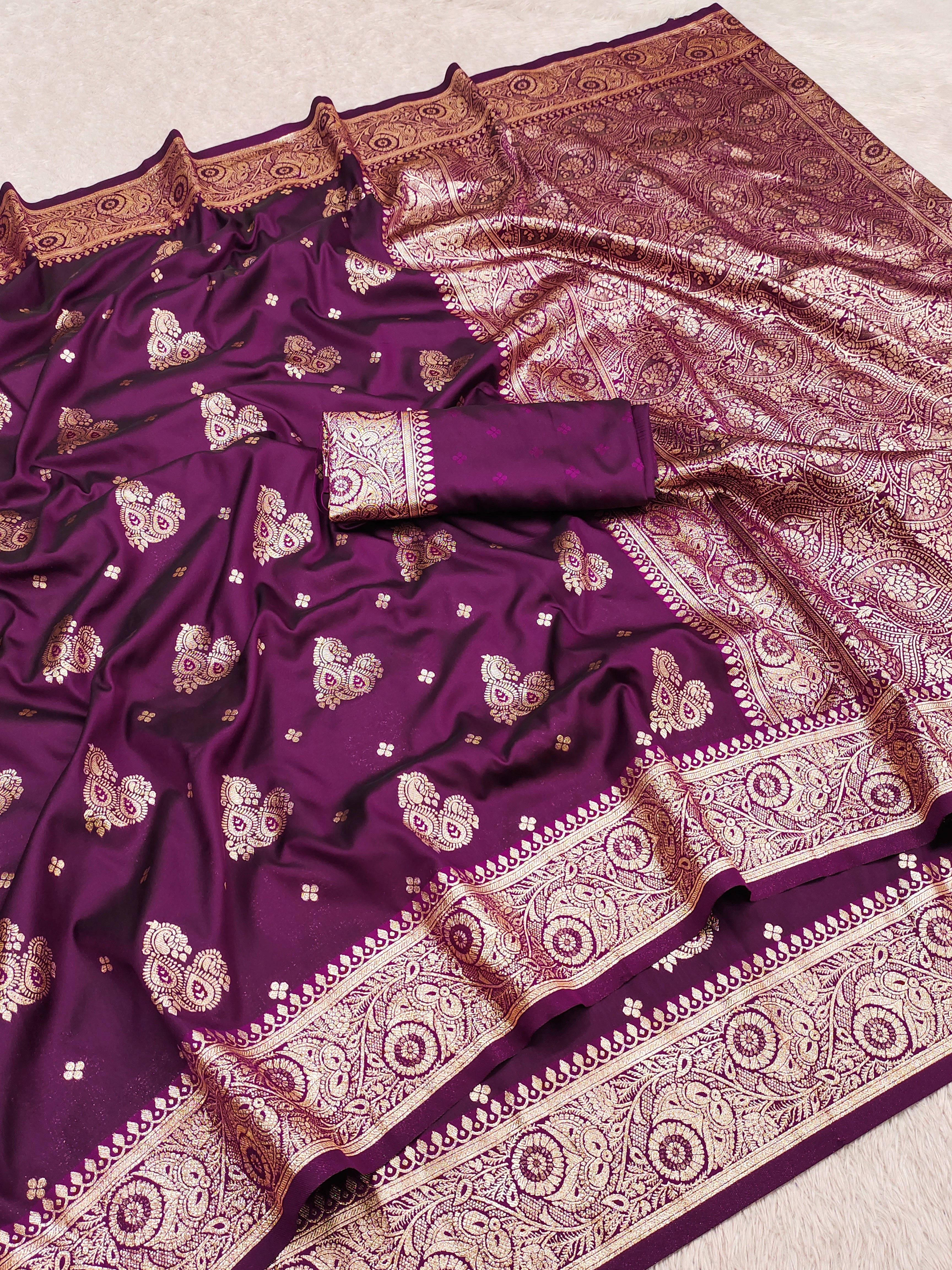 Royal Purple Silk Saree with Antique Gold Zari Butta & Heavy Woven Pallu