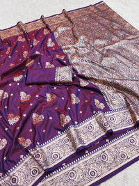 Deep Wine Purple Silk Saree with Antique Gold Zari Butta & Heavy Paisley Pallu