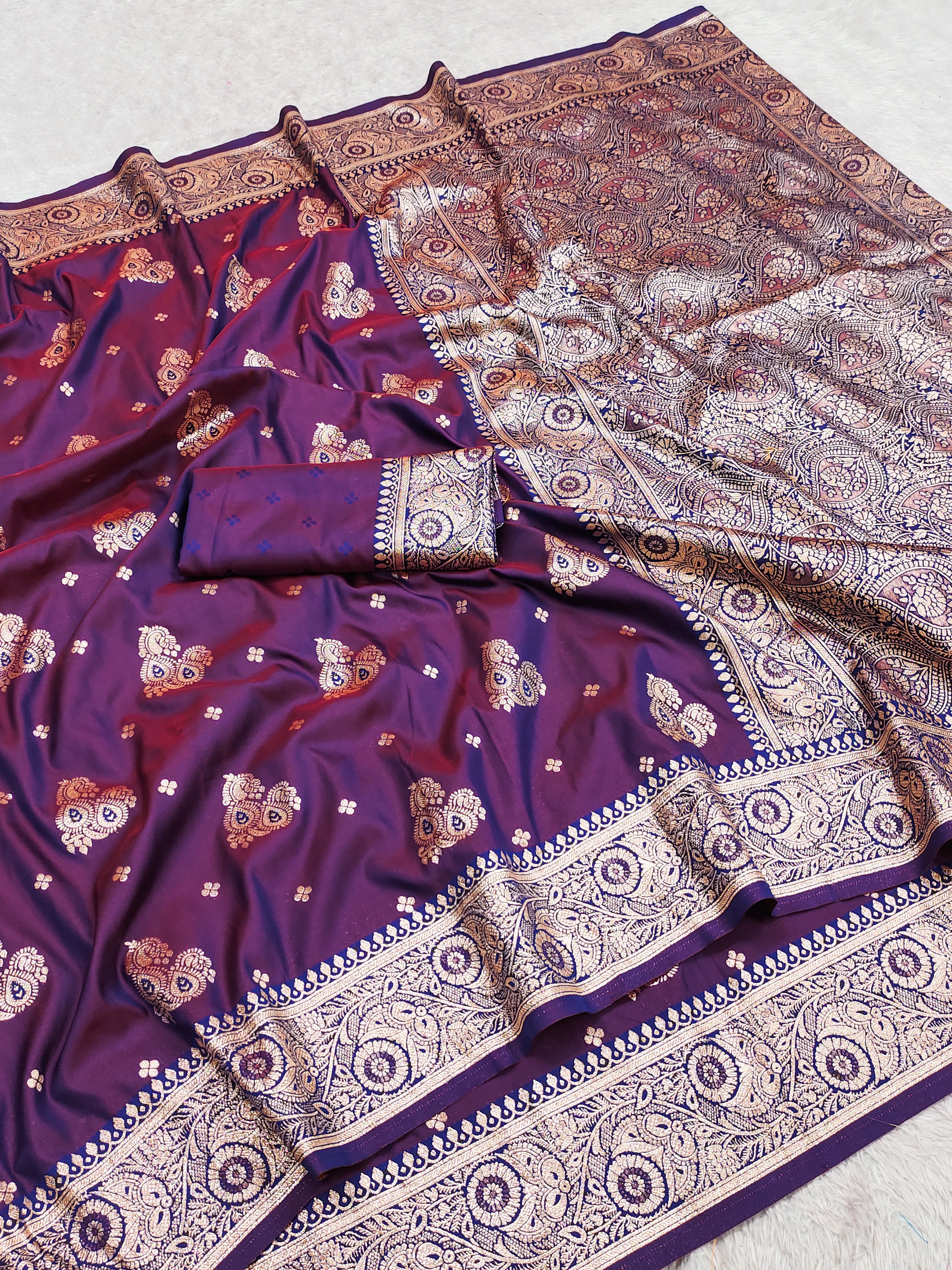 Deep Wine Purple Silk Saree with Antique Gold Zari Butta & Heavy Paisley Pallu