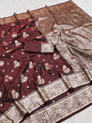 Rich Coffee Brown Silk Saree with Antique Gold Zari Butta & Heavy Paisley Pallu