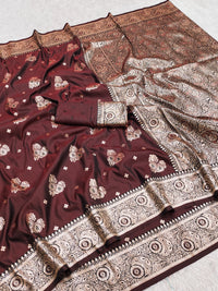 Rich Coffee Brown Silk Saree with Antique Gold Zari Butta & Heavy Paisley Pallu