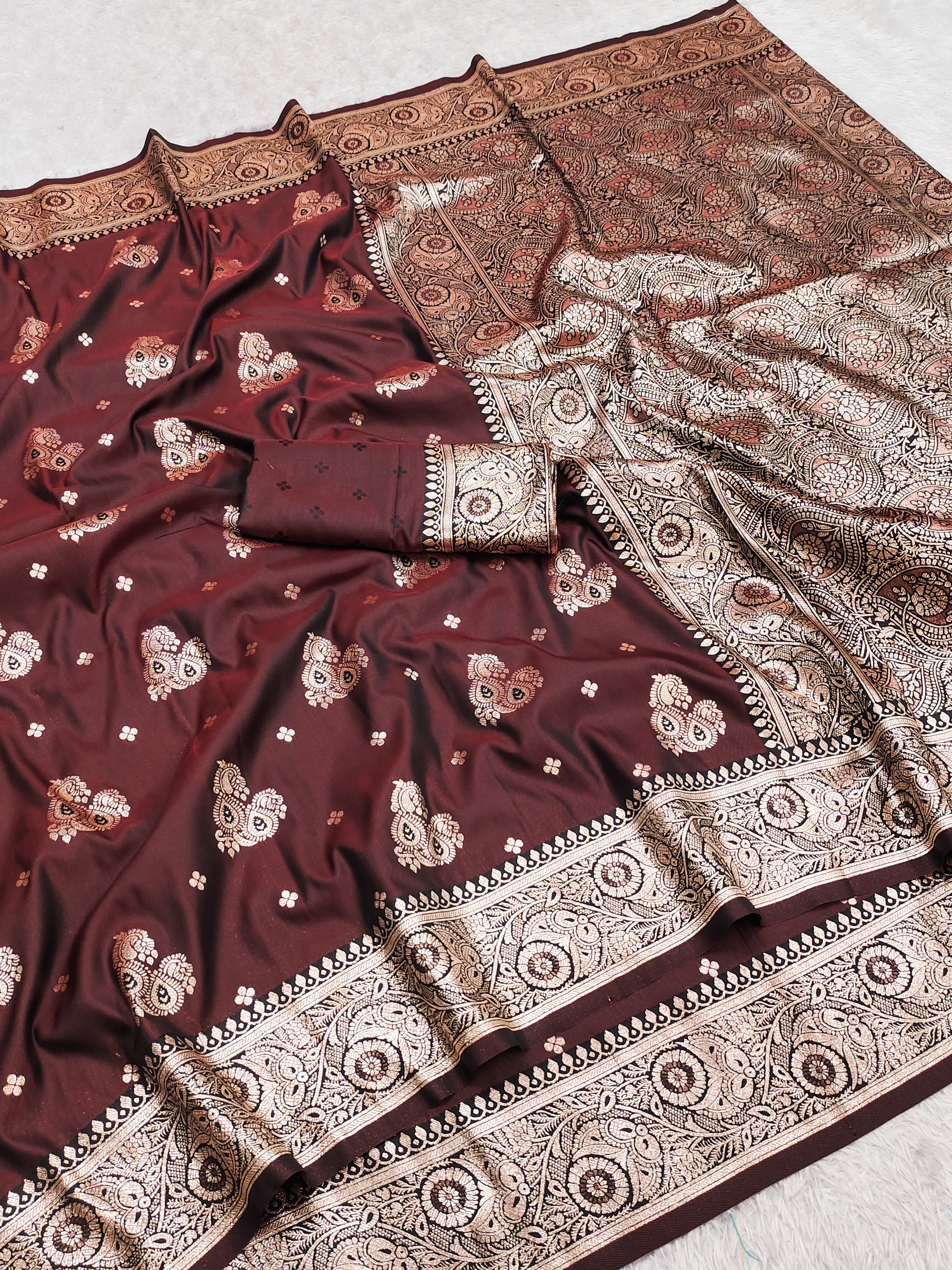 Rich Coffee Brown Silk Saree with Antique Gold Zari Butta & Heavy Paisley Pallu
