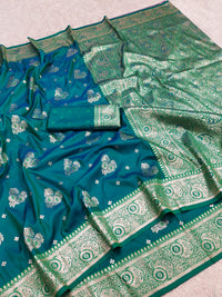 Teal Peacock Green Silk Saree with Silver Zari Butta & Heavy Paisley Pallu