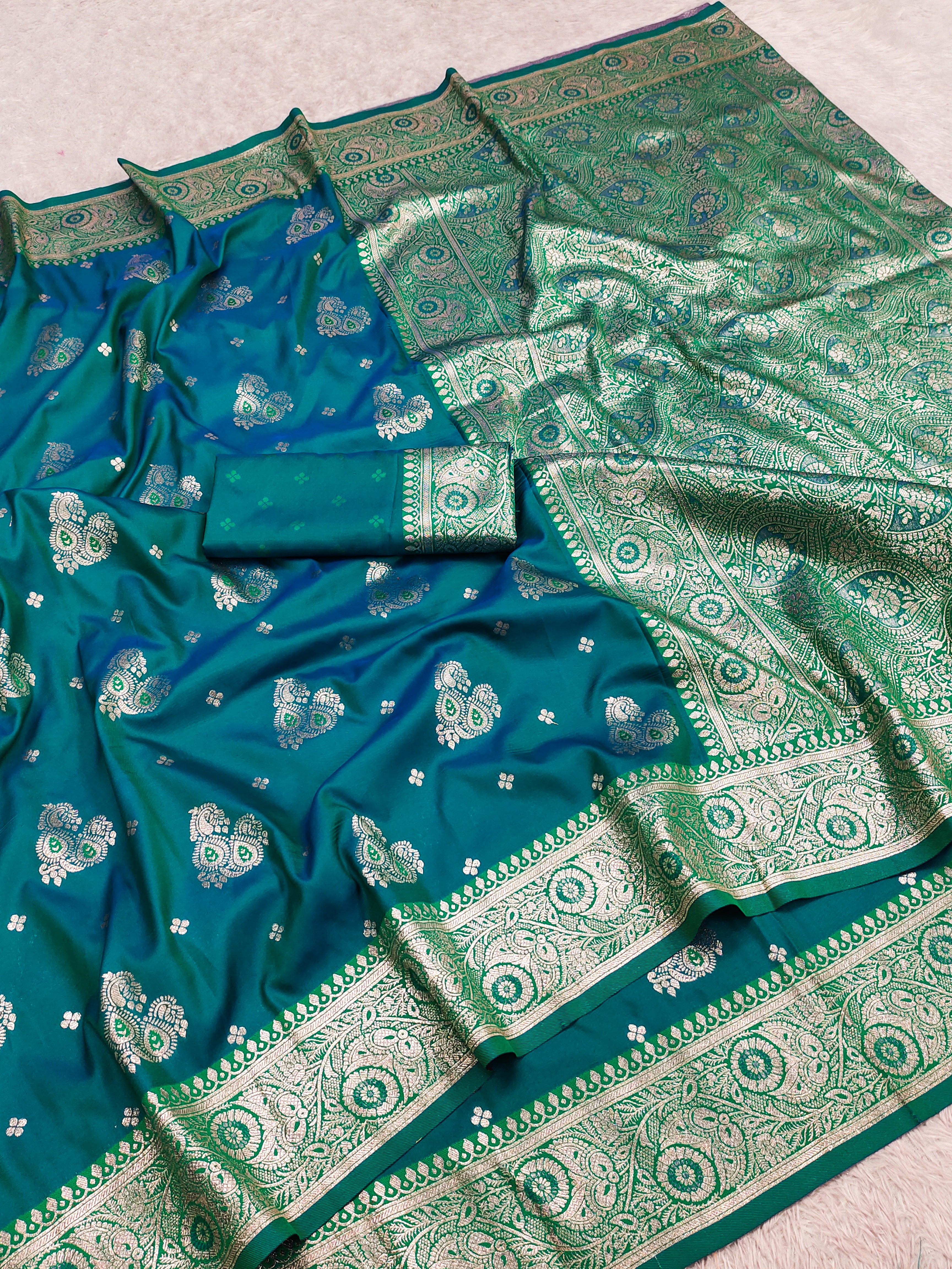 Teal Peacock Green Silk Saree with Silver Zari Butta & Heavy Paisley Pallu
