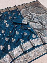Deep Teal Blue Silk Saree with Silver Zari Butta & Heavy Paisley Pallu