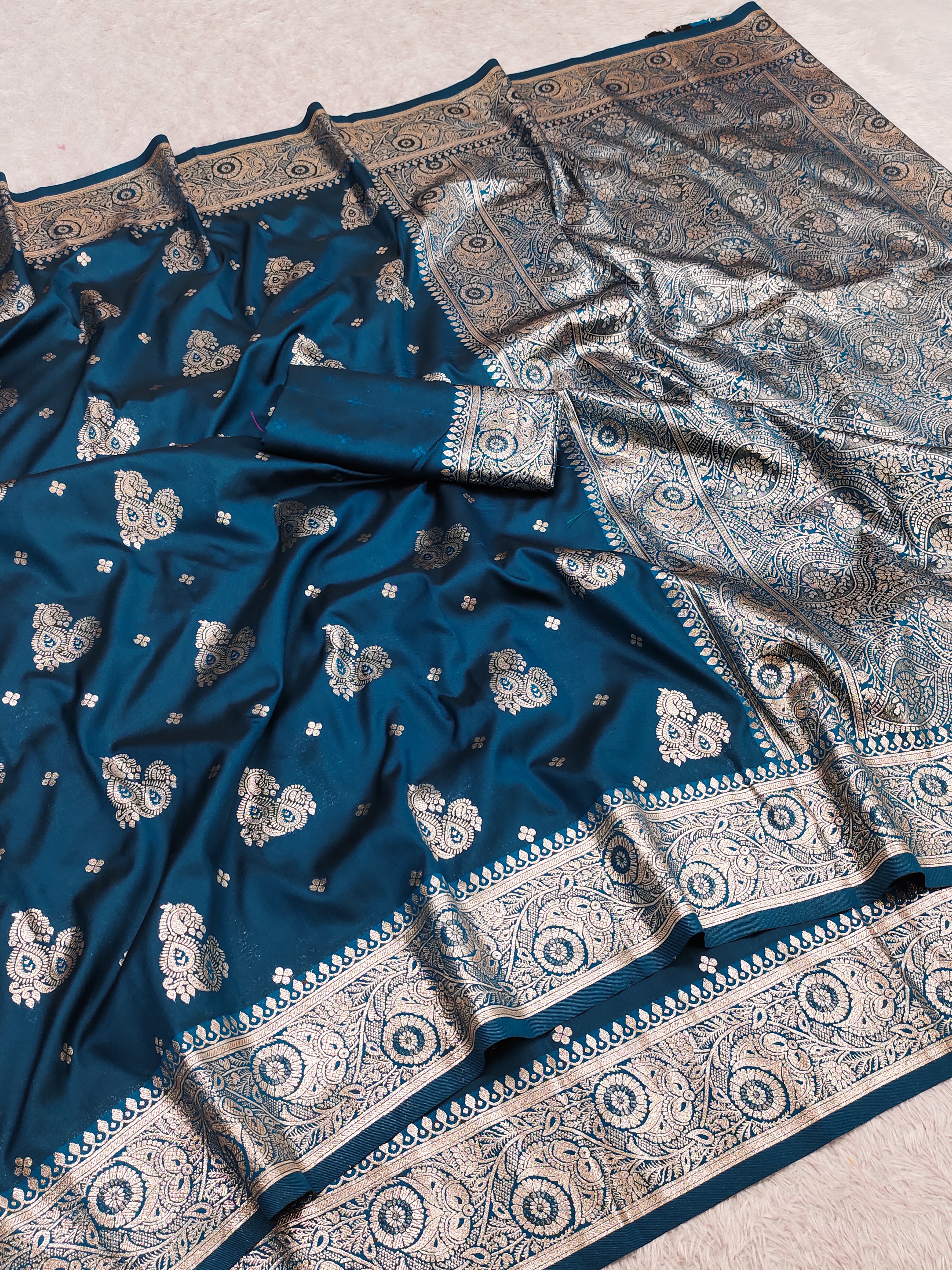 Deep Teal Blue Silk Saree with Silver Zari Butta & Heavy Paisley Pallu