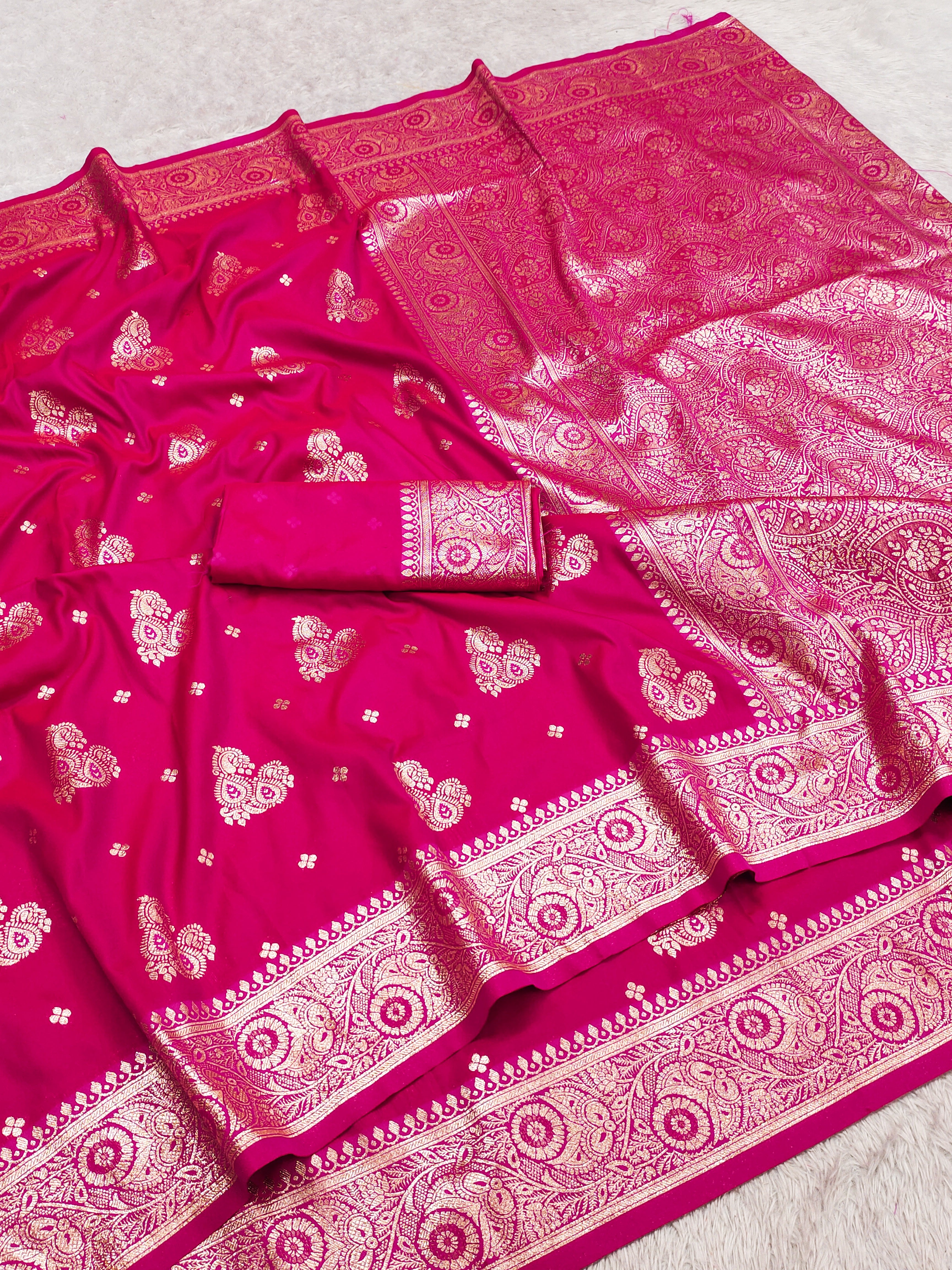 Rani Pink Silk Saree with Gold Zari Butta & Heavy Antique Zari Pallu