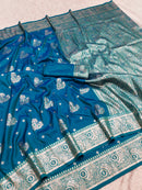 Teal Blue Silk Saree with Silver Zari Butta & Heavy Antique Zari Pallu