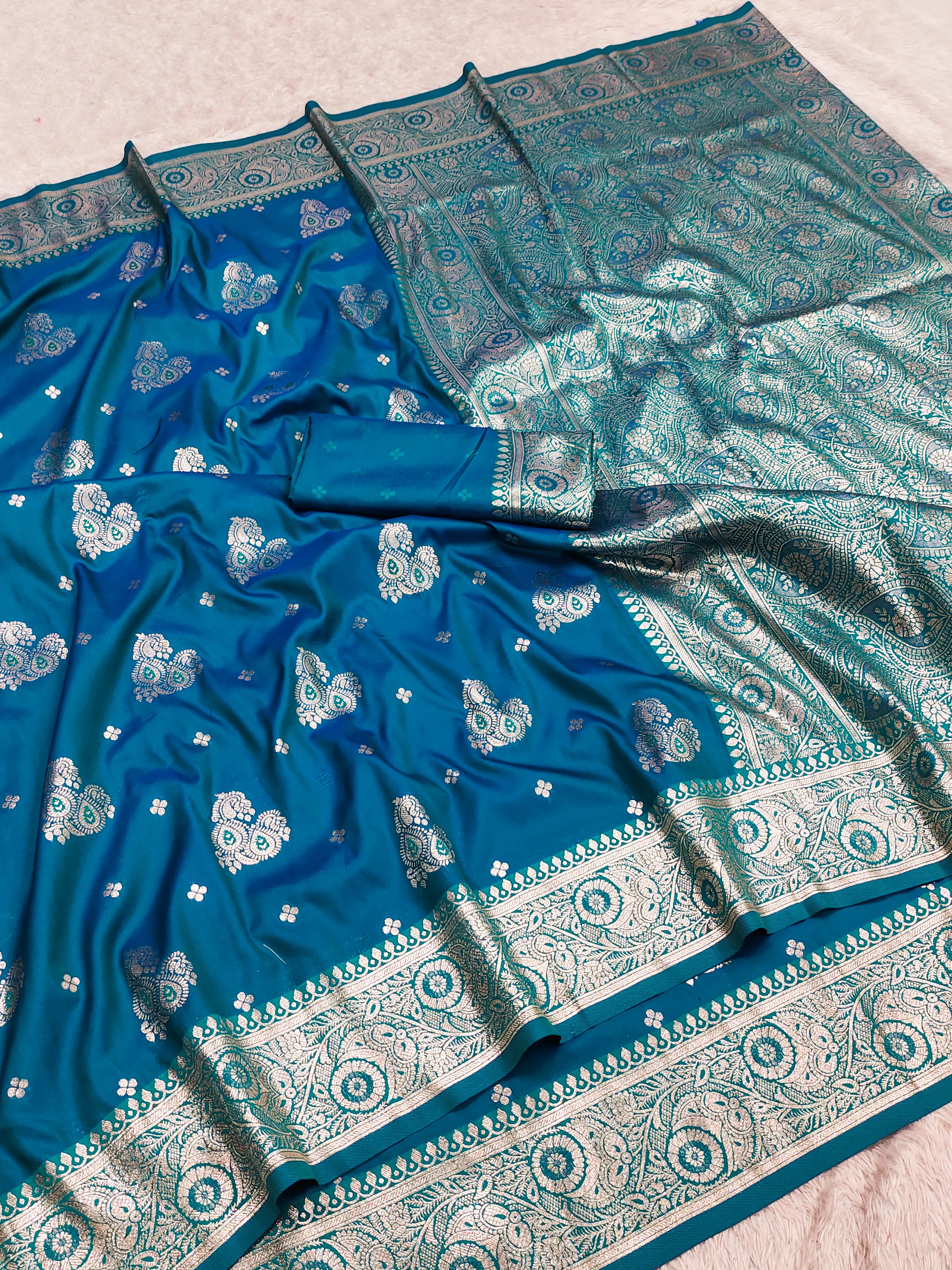Teal Blue Silk Saree with Silver Zari Butta & Heavy Antique Zari Pallu