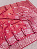 Coral Pink Silk Saree with Silver Zari Butta & Heavy Antique Zari Pallu