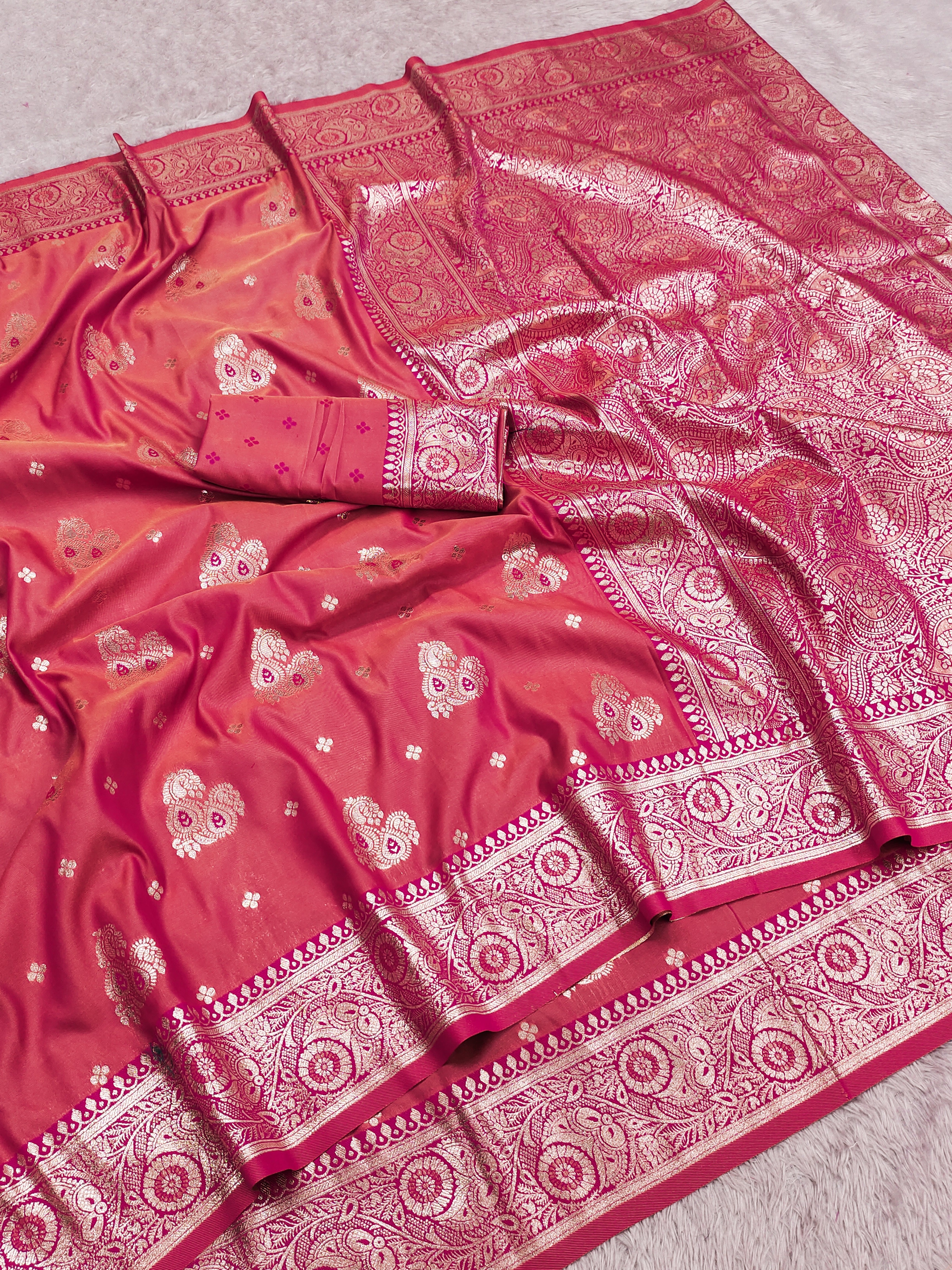 Coral Pink Silk Saree with Silver Zari Butta & Heavy Antique Zari Pallu