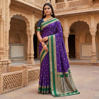 Royal Purple Silk Saree with Emerald Green Antique Zari Border and Traditional Woven Pallu