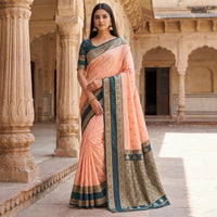 Blush Peach Silk Saree with Deep Teal Antique Zari Border & Grand Woven Pallu