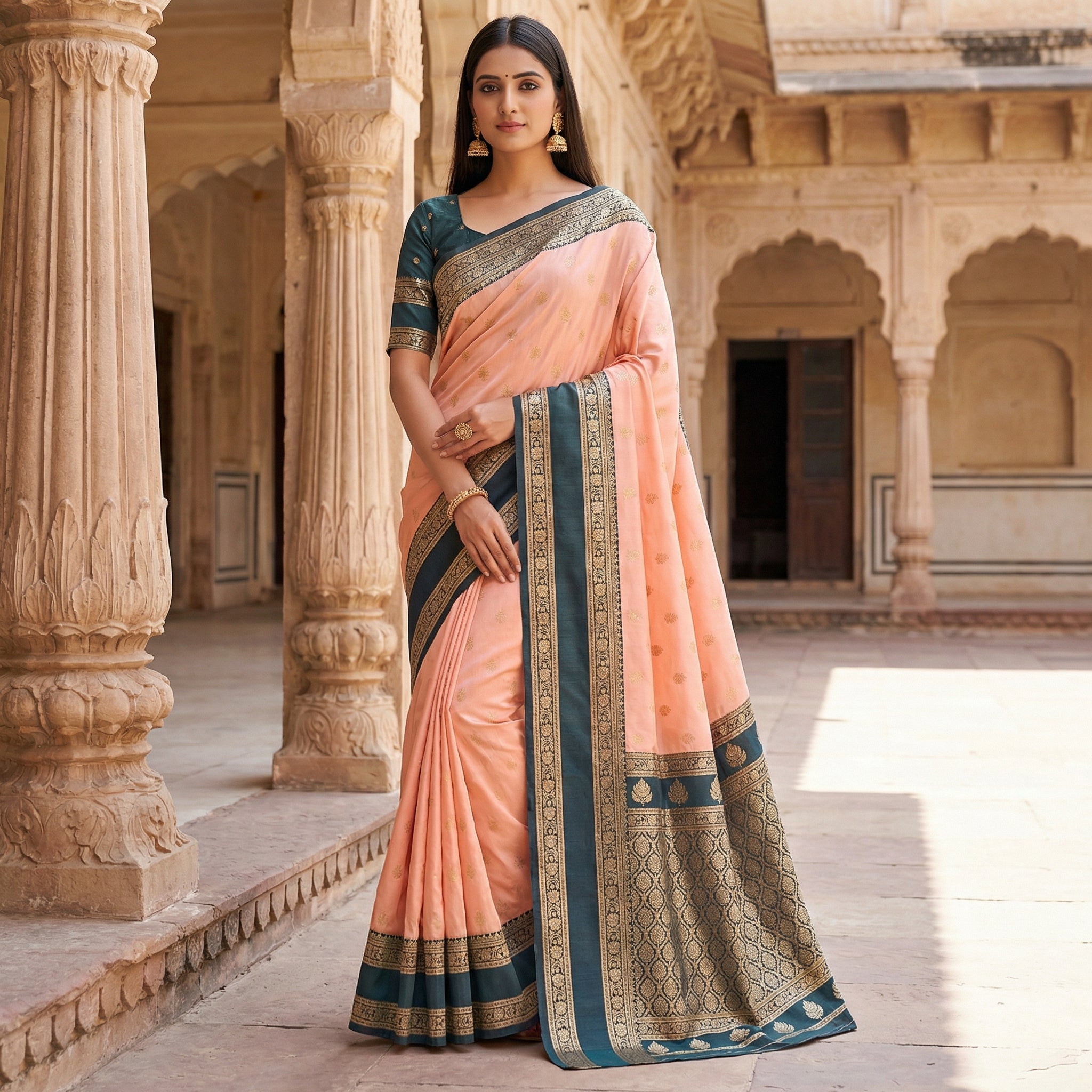 Blush Peach Silk Saree with Deep Teal Antique Zari Border & Grand Woven Pallu