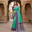 Sea Green Silk Saree with Royal Blue Antique Zari Border & Grand Woven Pallu