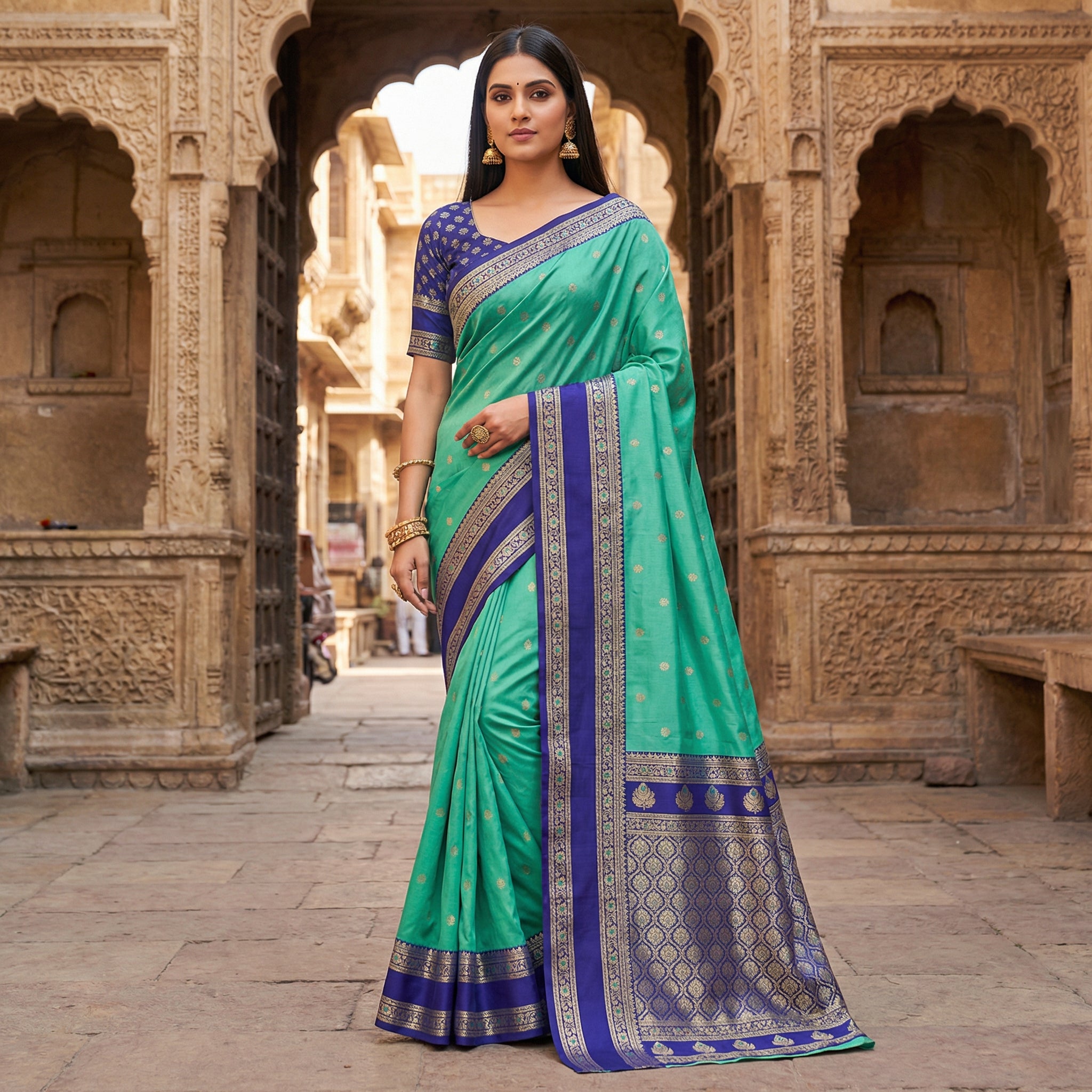 Sea Green Silk Saree with Royal Blue Antique Zari Border & Grand Woven Pallu