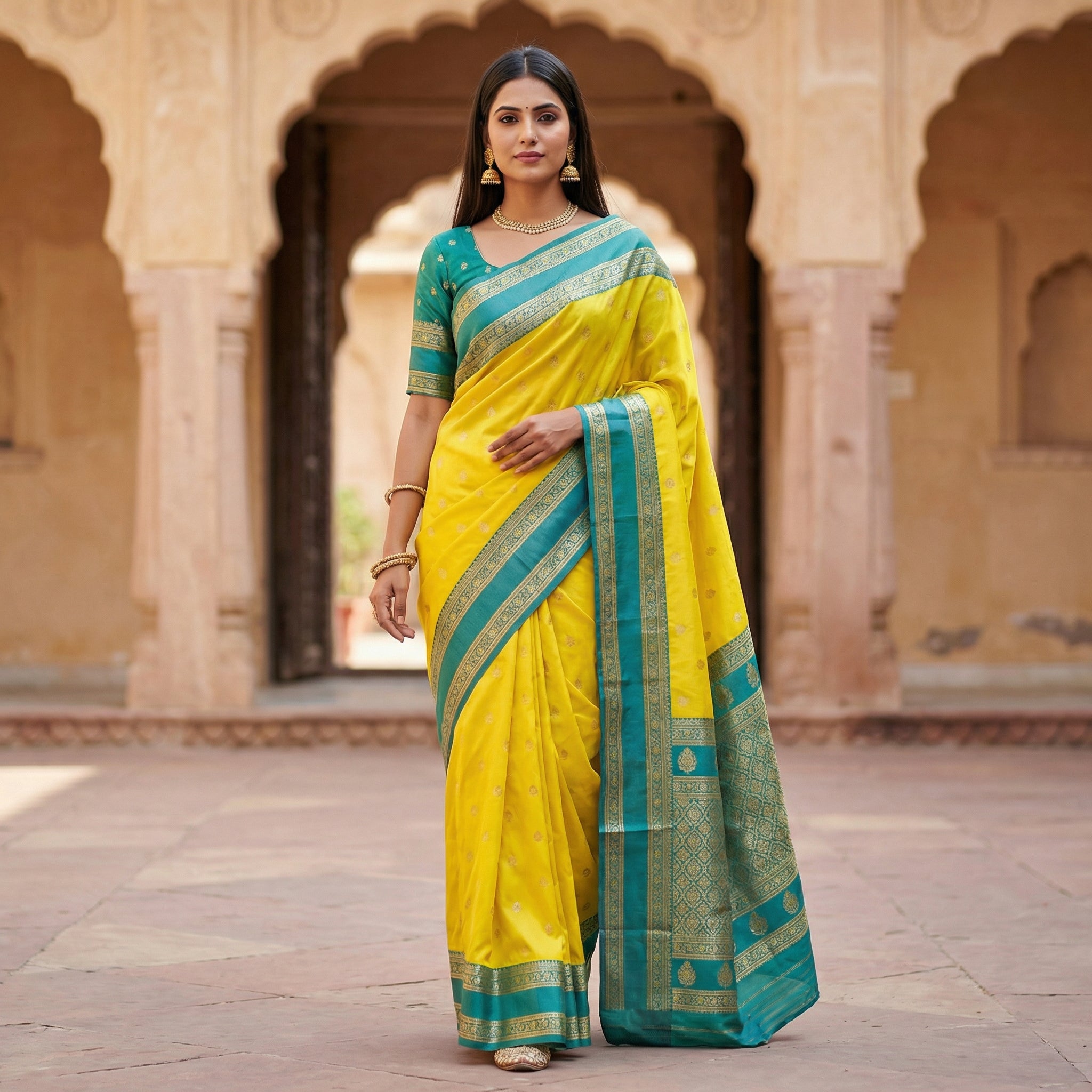 Bright Yellow Silk Saree with Teal Green Antique Zari Border & Rich Woven Pallu