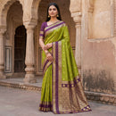 Olive Green Silk Saree with Wine Purple Antique Zari Border & Rich Woven Pallu