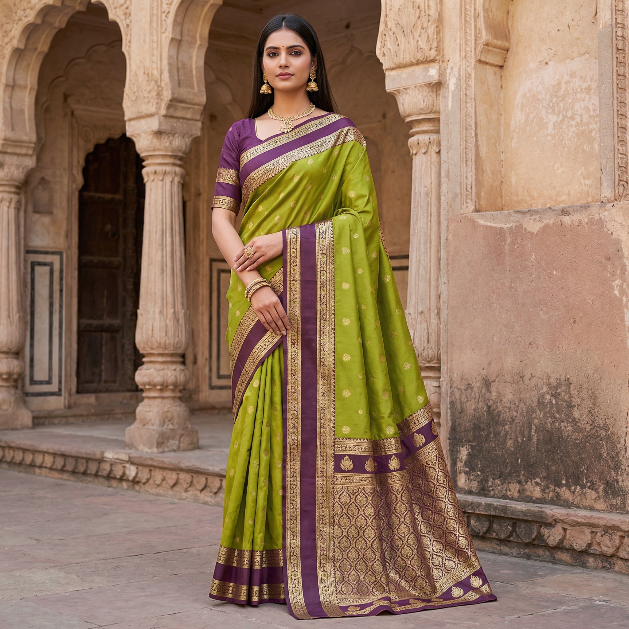 Olive Green Silk Saree with Wine Purple Antique Zari Border & Rich Woven Pallu