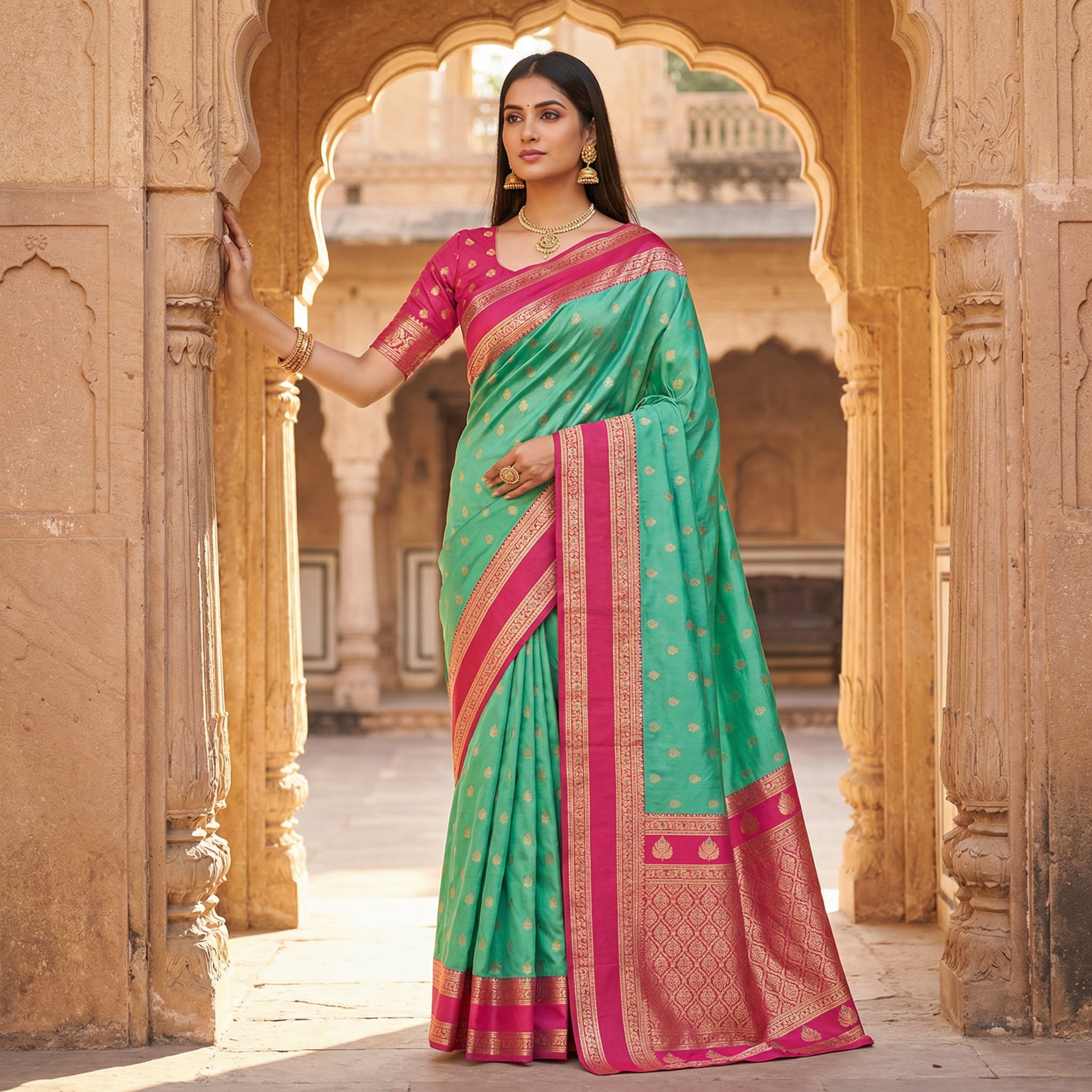 Sea Green Silk Saree with Rani Pink Antique Zari Border & Rich Woven Pallu