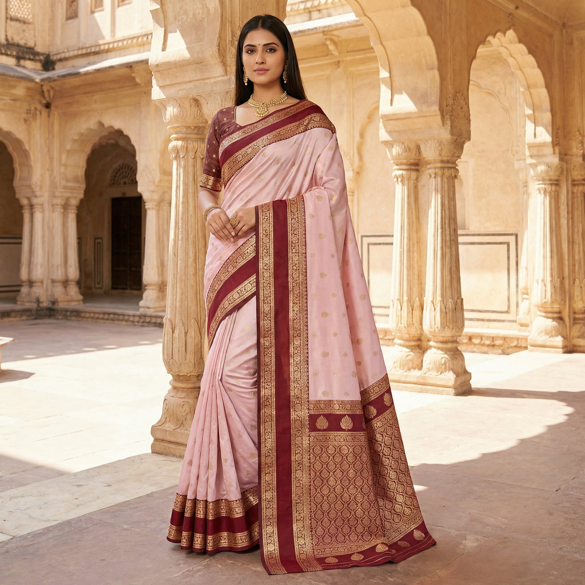 Blush Pink Silk Saree with Wine Maroon Antique Zari Border & Heavy Woven Pallu