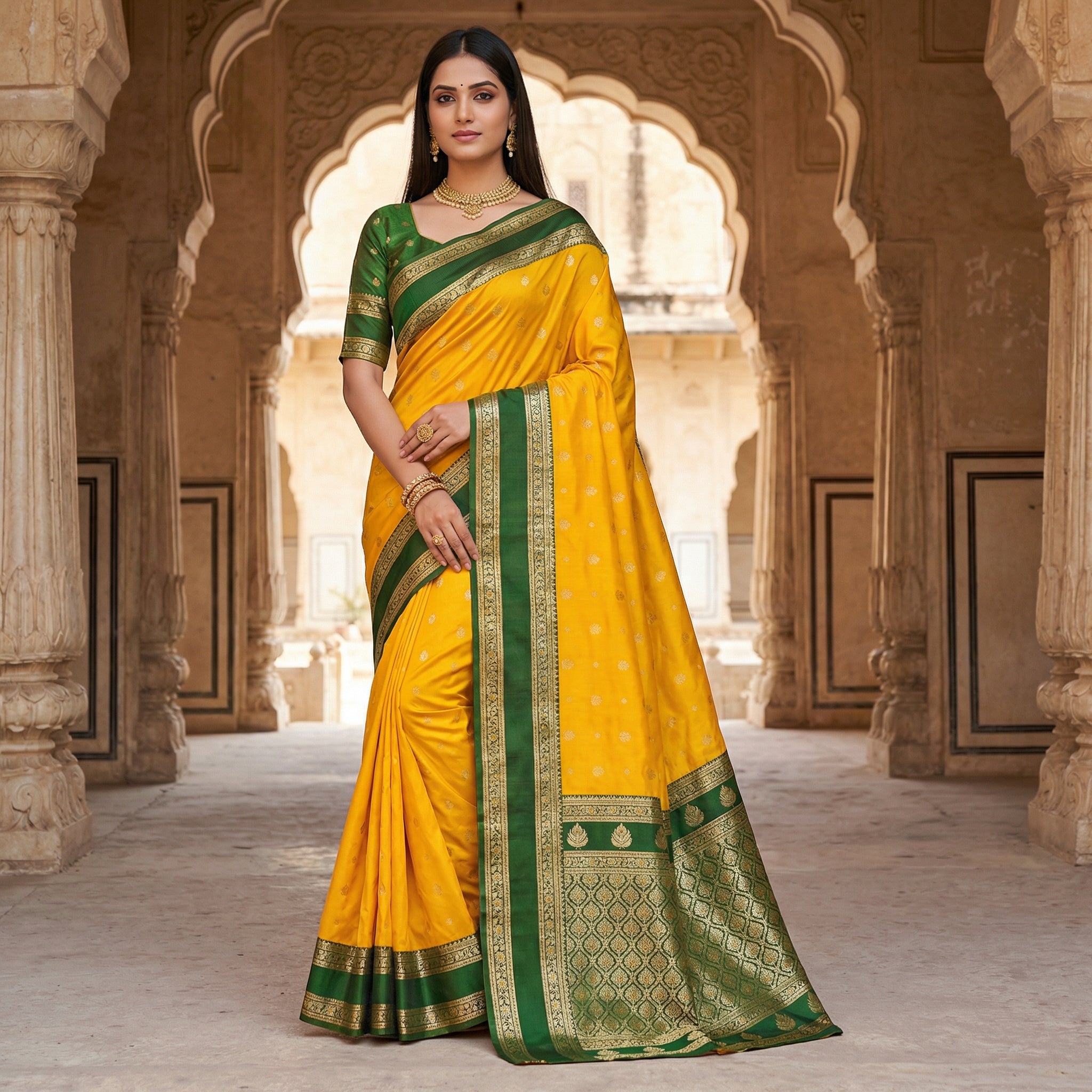 Mustard Yellow Silk Saree with Bottle Green Antique Zari Border & Heavy Woven Pallu