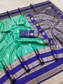 Sea Green Silk Saree with Royal Blue Antique Zari Border & Grand Woven Pallu