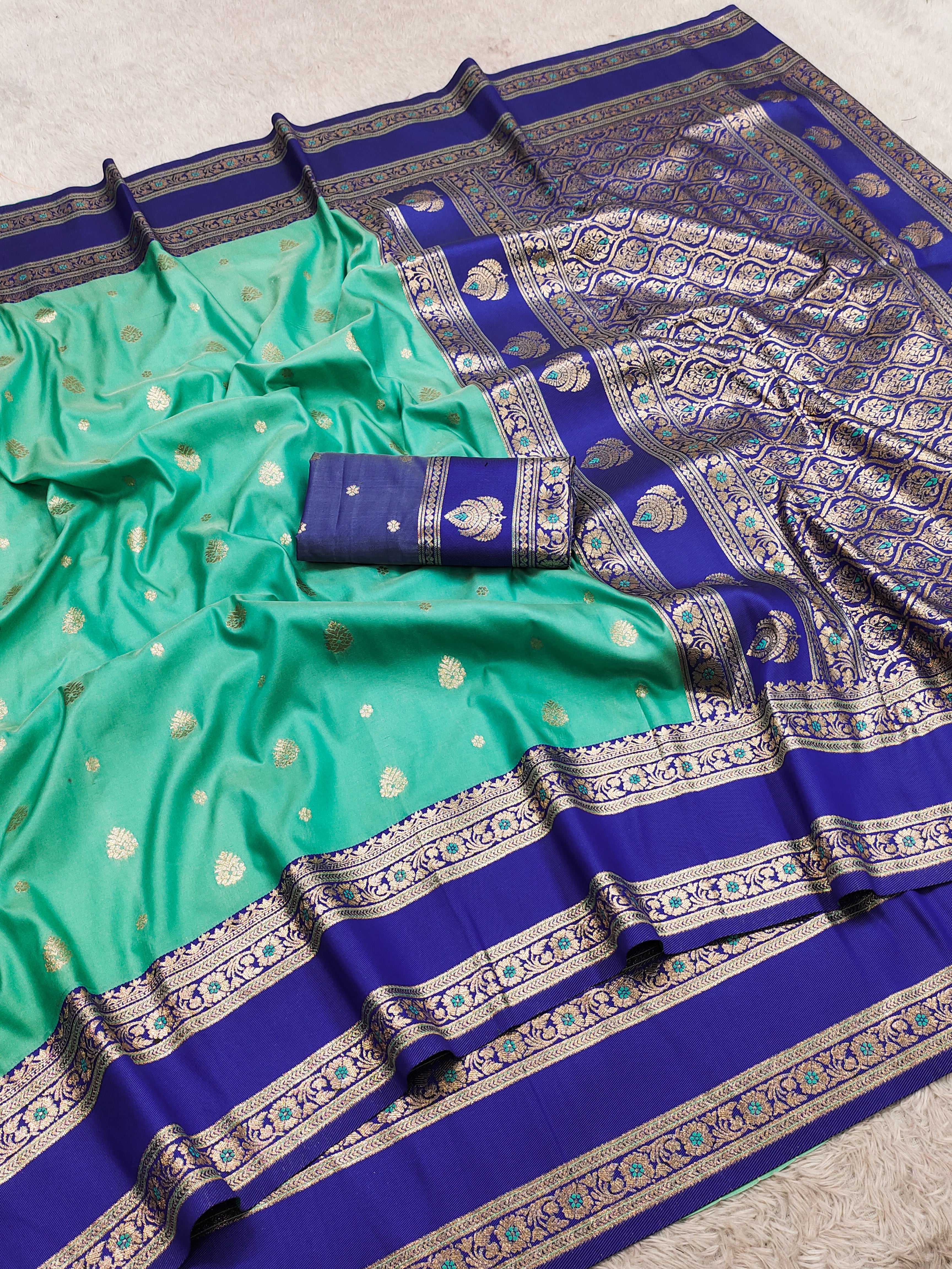 Sea Green Silk Saree with Royal Blue Antique Zari Border & Grand Woven Pallu