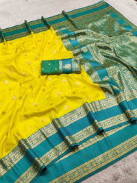 Bright Yellow Silk Saree with Teal Green Antique Zari Border & Rich Woven Pallu