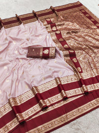 Blush Pink Silk Saree with Wine Maroon Antique Zari Border & Heavy Woven Pallu
