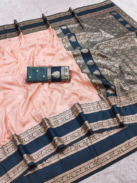 Blush Peach Silk Saree with Deep Teal Antique Zari Border & Grand Woven Pallu