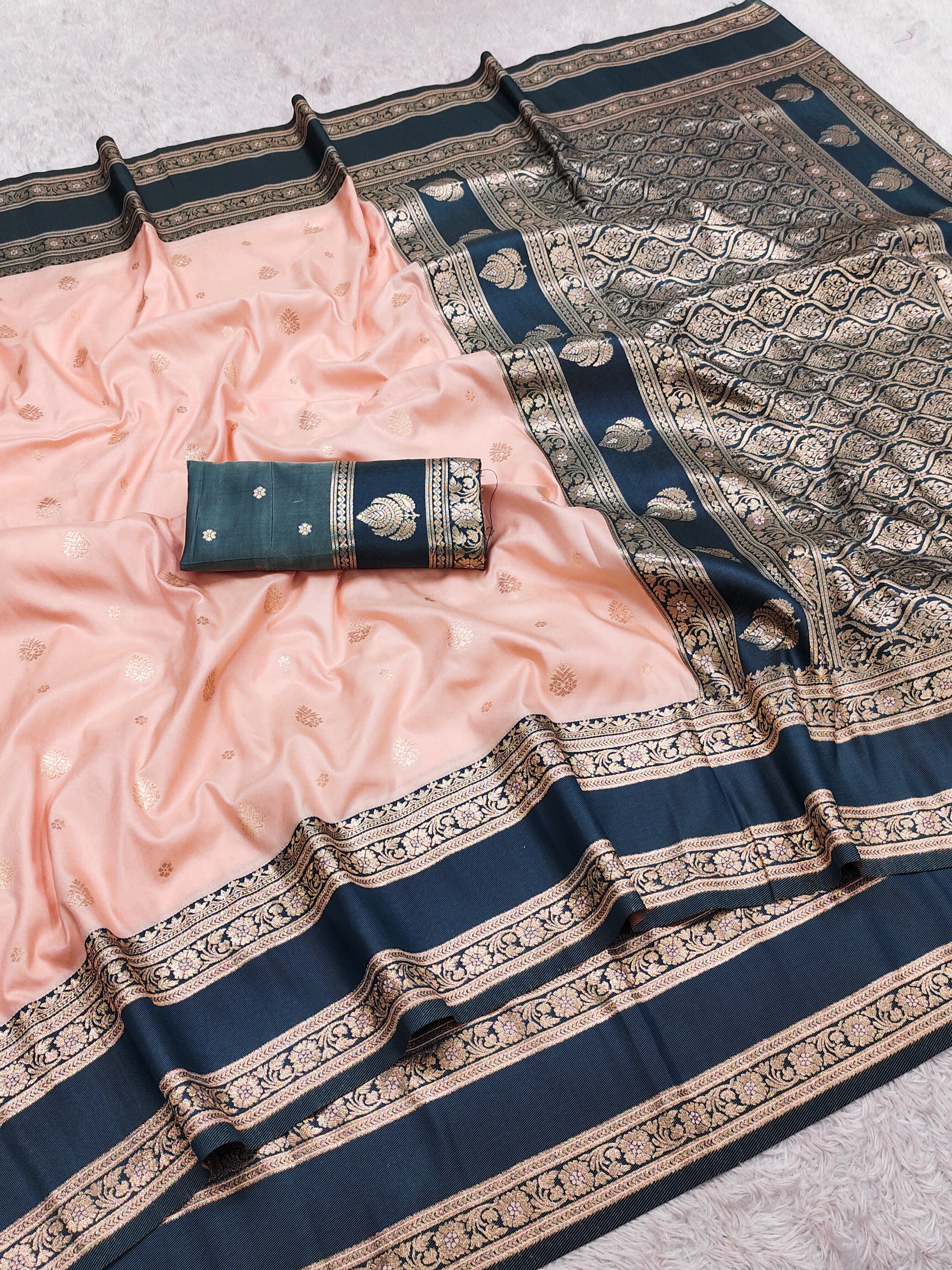 Blush Peach Silk Saree with Deep Teal Antique Zari Border & Grand Woven Pallu