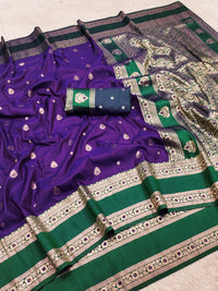 Royal Purple Silk Saree with Emerald Green Antique Zari Border and Traditional Woven Pallu