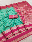 Sea Green Silk Saree with Rani Pink Antique Zari Border & Rich Woven Pallu