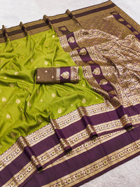 Olive Green Silk Saree with Wine Purple Antique Zari Border & Rich Woven Pallu