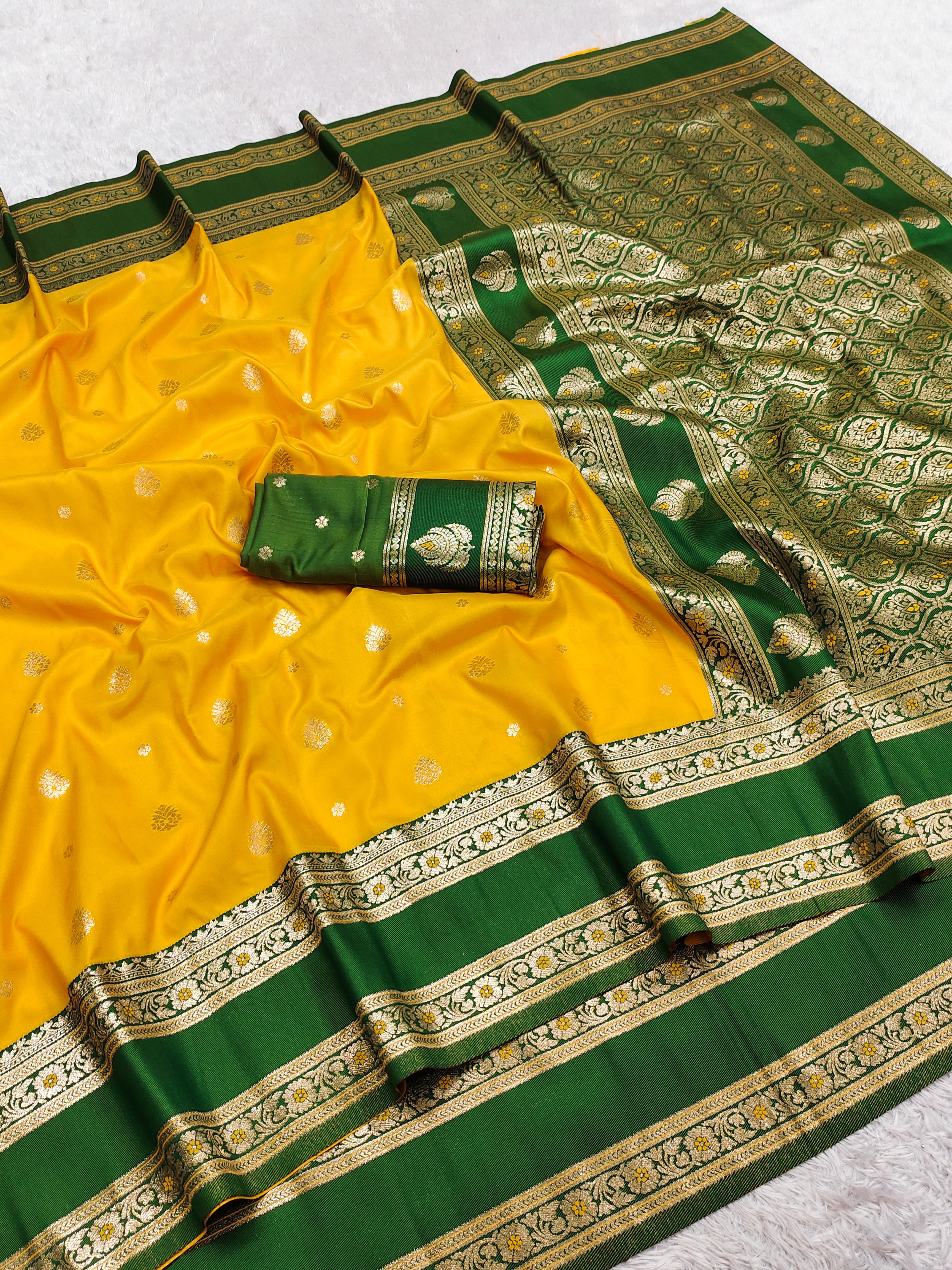 Mustard Yellow Silk Saree with Bottle Green Antique Zari Border & Heavy Woven Pallu