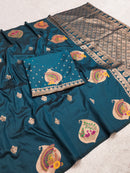 Peacock Teal Banarasi Silk Saree with Royal Peacock & Swan Motifs and Antique Zari Pallu